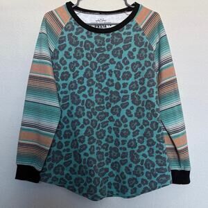 Crazy Train Leopard Stripe Raglan Long Sleeve Top Coastal Cowgirl Sz L